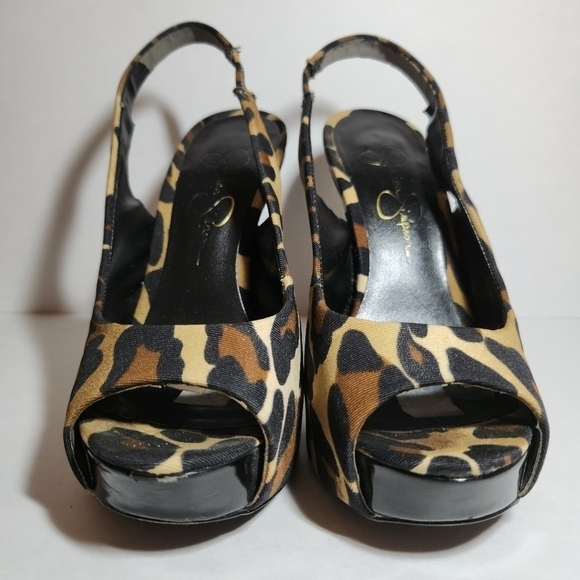 Jessica Simpson Size 5.5 Animal Leopard Print Slingback Peep Toe Platform Heels - Picture 3 of 5